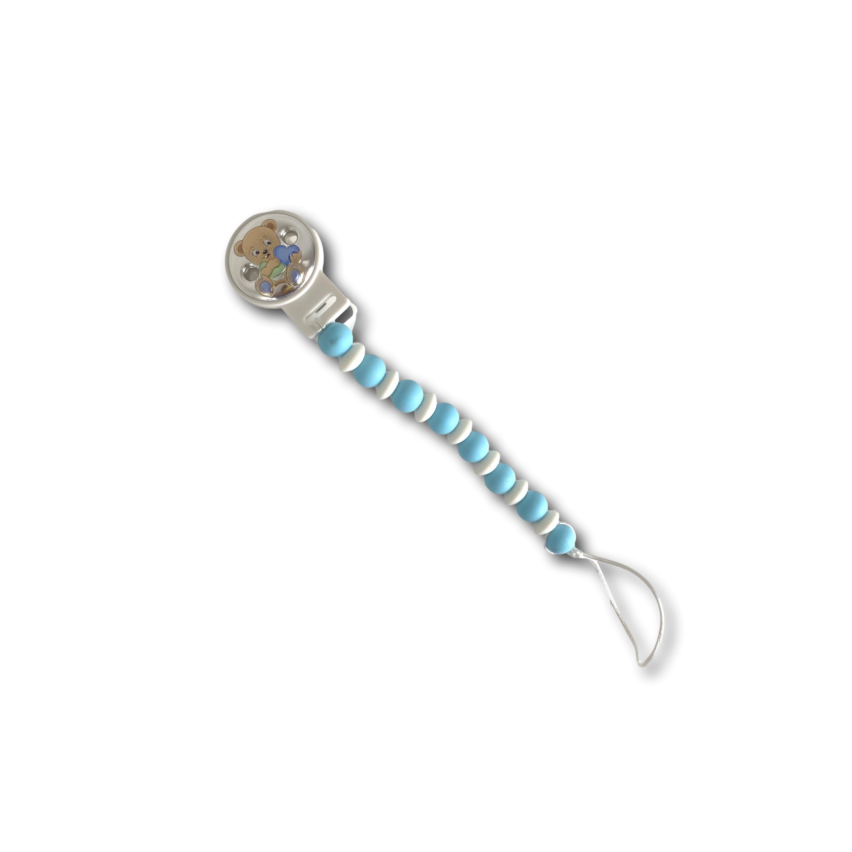 Spilla porta ciuccio azzurro con orsetto in argento bilaminato